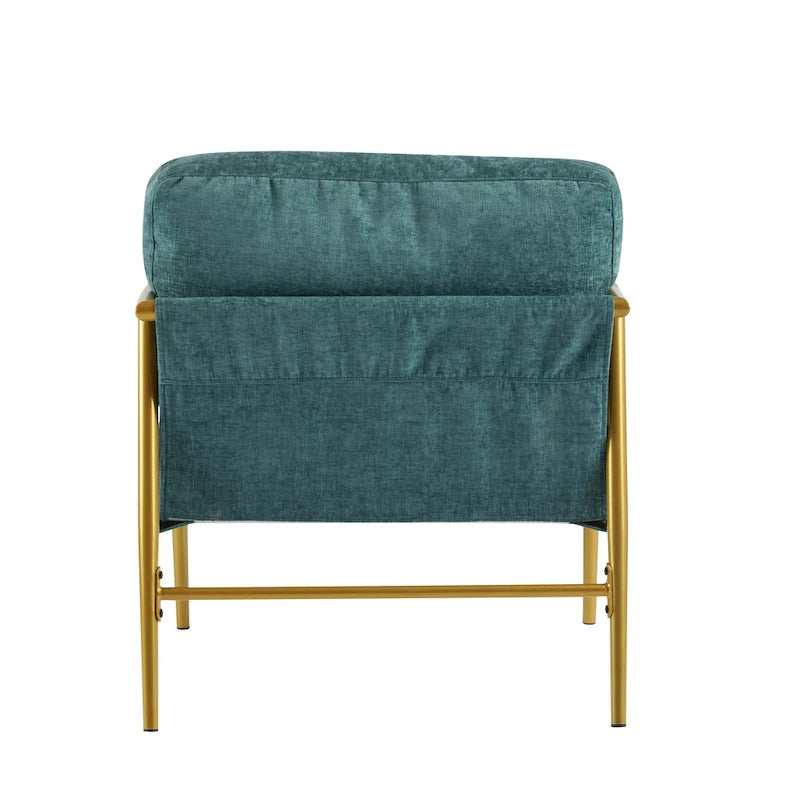 Modern Accent Chair with Plush Cushions, Minimalist Metal Frame, and Wooden Armrest Design