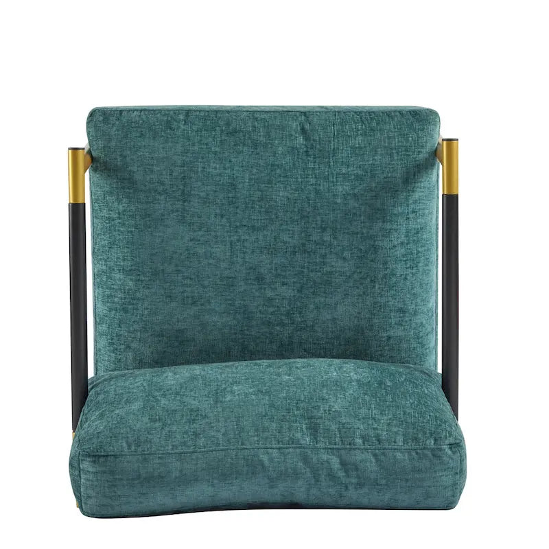 Modern Accent Chair with Plush Cushions, Minimalist Metal Frame, and Wooden Armrest Design
