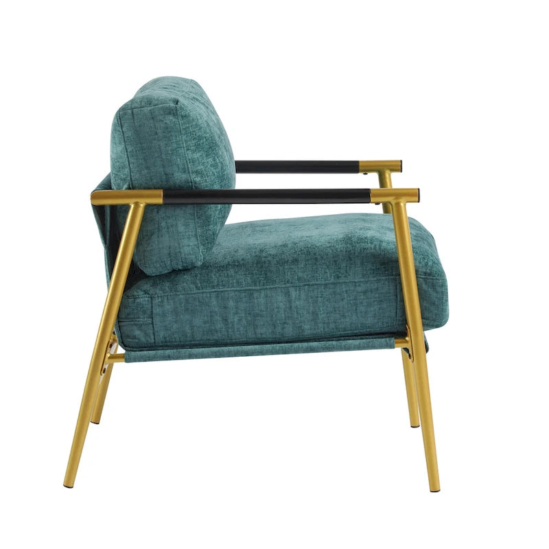 Modern Accent Chair with Plush Cushions, Minimalist Metal Frame, and Wooden Armrest Design