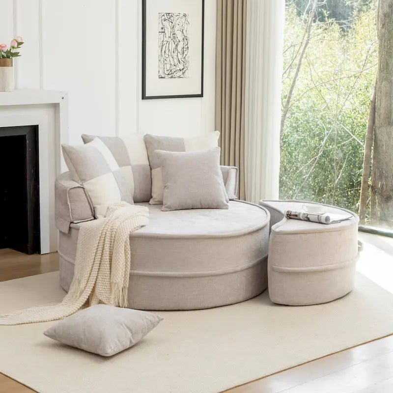 Modern Round Barrel Accent Chair with Ottoman - Velvet Lounge Sofa