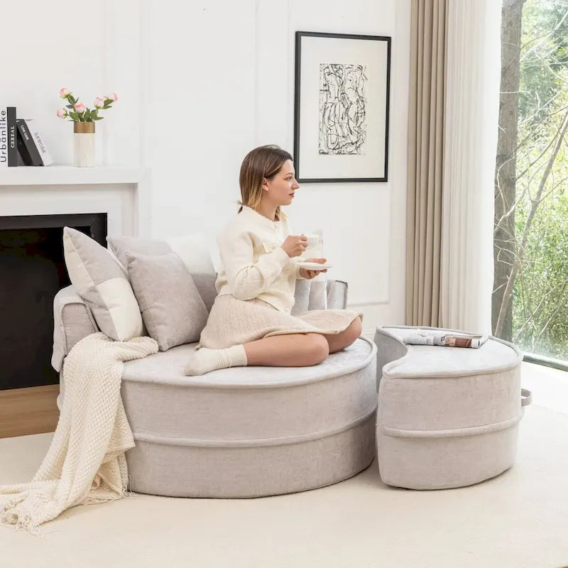 Modern Round Barrel Accent Chair with Ottoman - Velvet Lounge Sofa