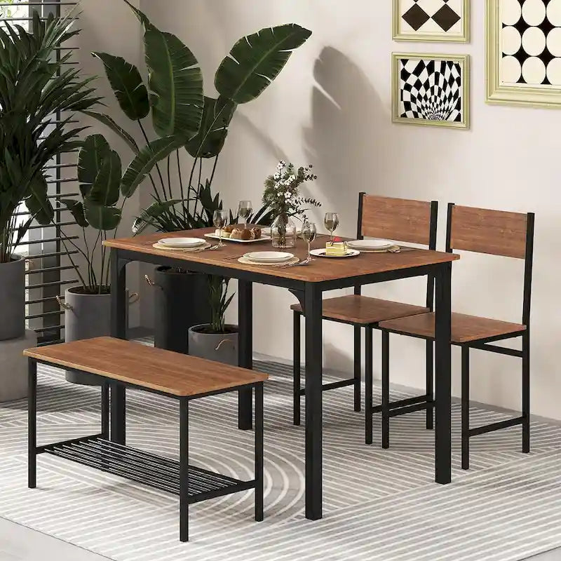 Gymax 4pcs Dining Table Set Rustic Desk 2 Chairs & Bench w/ Storage - See Details