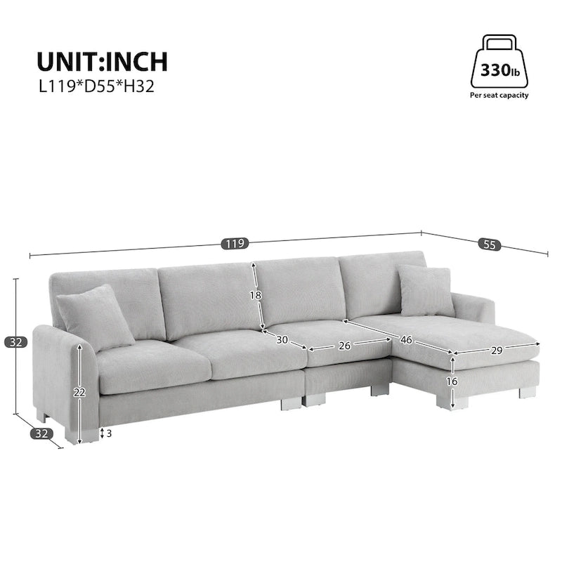 119 Chenille L-Shaped Sectional Sofa with Chaise Lounge and 2 Pillows