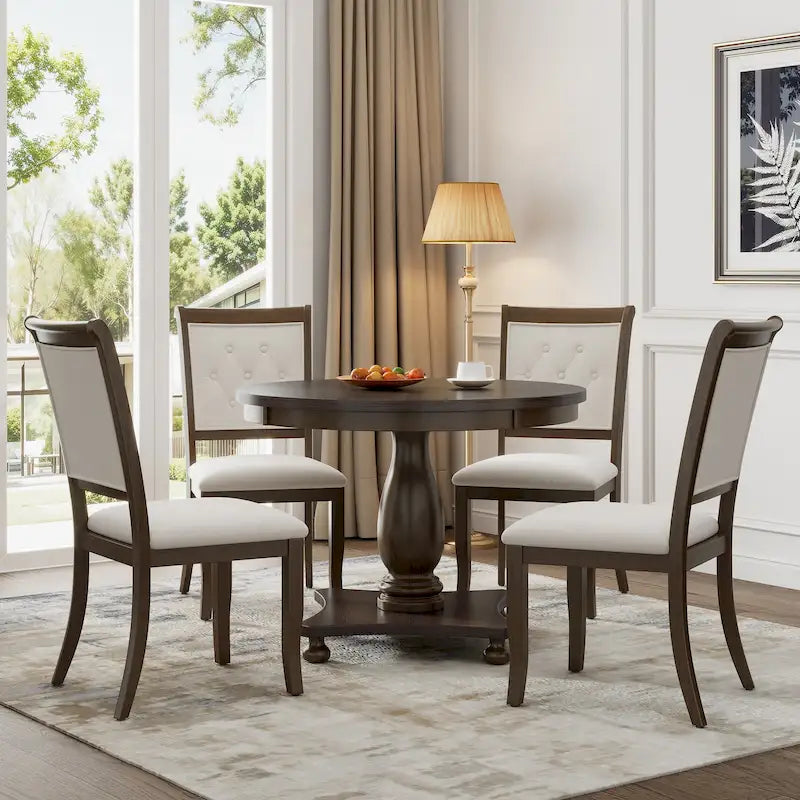 5 Piece Dining Table Set, Solid Wood Kitchen Dining Room Table Set with Round Dining Table and 4 Upholstered Chairs