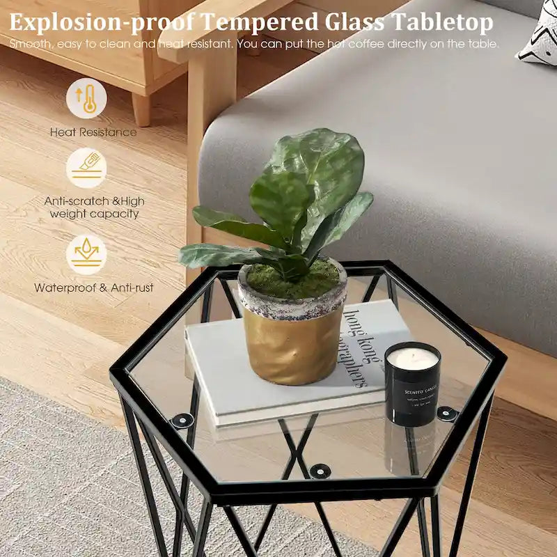 Costway End Table Tempered Glass Top Metal Frame Hexagonal Accent Side - 16x 13.5x 24