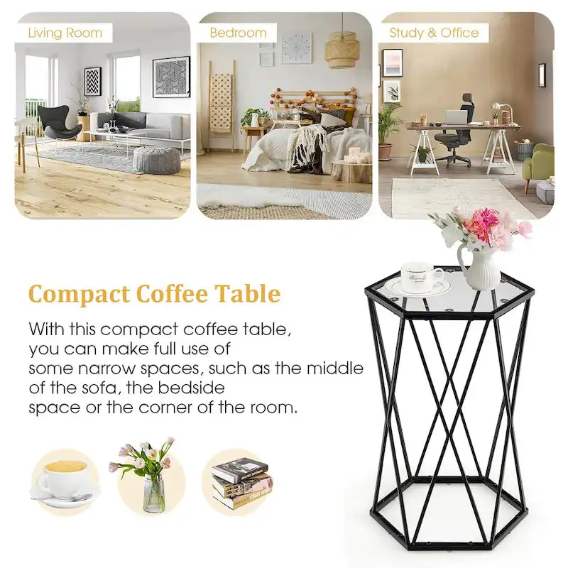 Costway End Table Tempered Glass Top Metal Frame Hexagonal Accent Side - 16x 13.5x 24