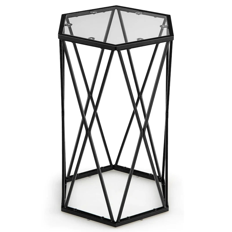 Costway End Table Tempered Glass Top Metal Frame Hexagonal Accent Side - 16x 13.5x 24