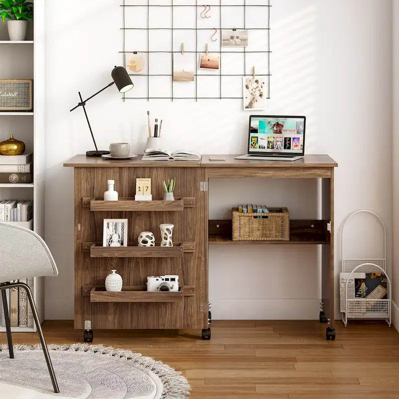 Gymax Folding Sewing Craft Table Shelf Storage Cabinet Home Furniture