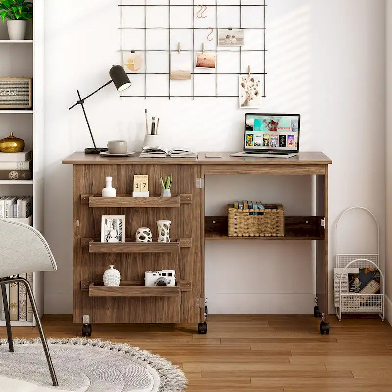 Gymax Folding Sewing Craft Table Shelf Storage Cabinet Home Furniture