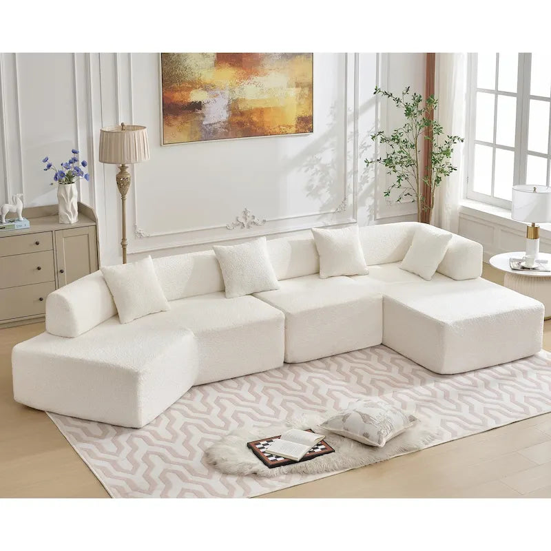 White 140 Oversized Boucle Upholstered L-Shaped Modular Sectional Sofa, 3-piece Free Combination, No Assembly Required