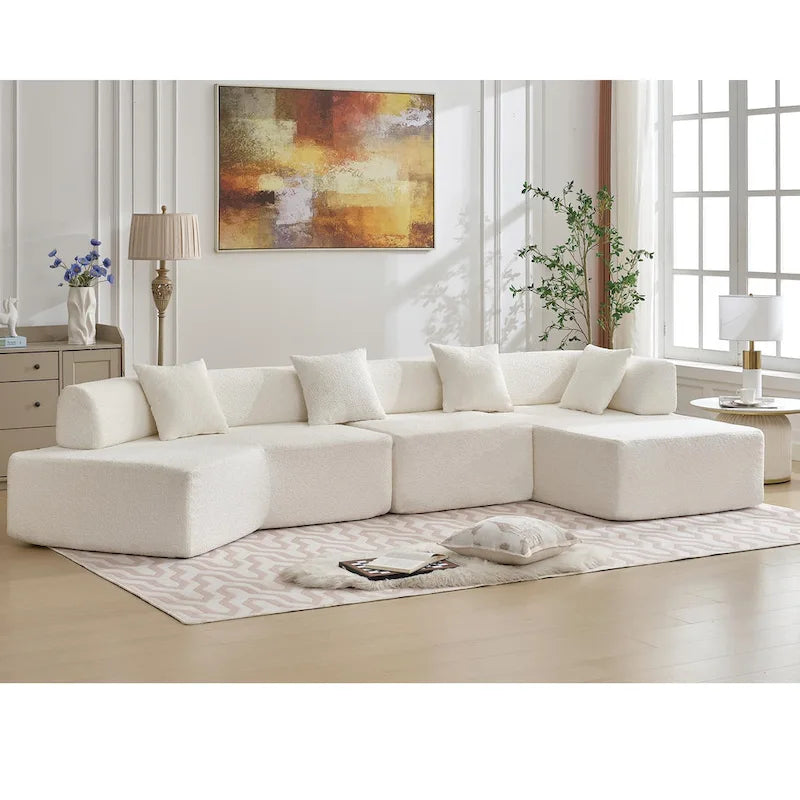White 140 Oversized Boucle Upholstered L-Shaped Modular Sectional Sofa, 3-piece Free Combination, No Assembly Required