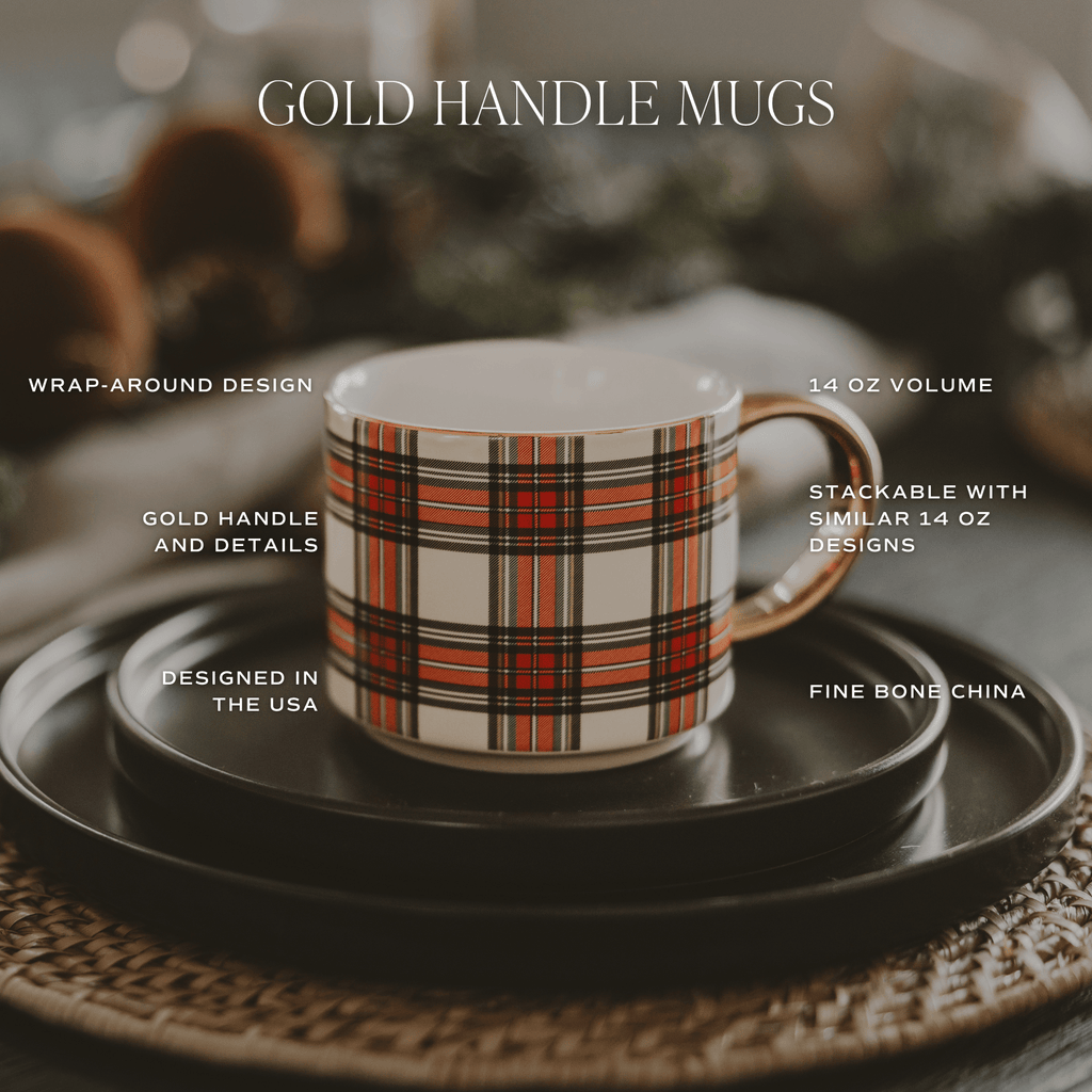 Red Plaid 14oz. Gold Handle Coffee Mug