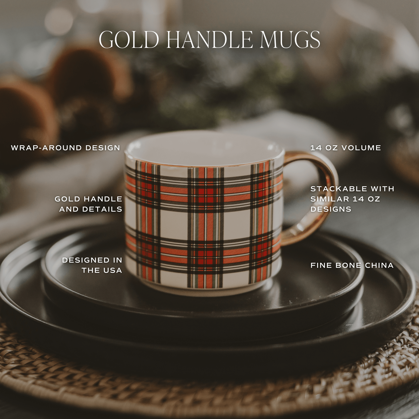 Green Plaid 14oz. Gold Handle Coffee Mug