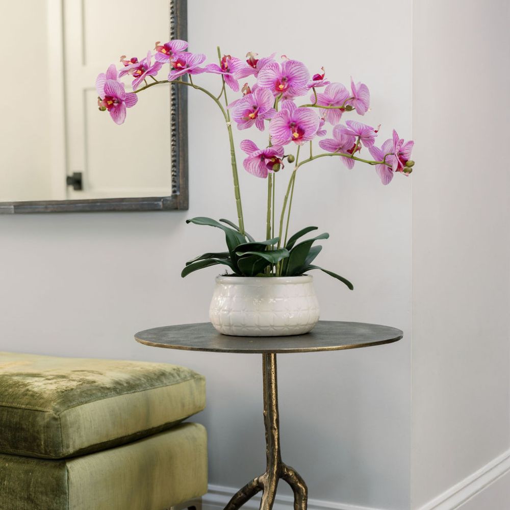 23 Faux Orchid Arrangement in Purple - Lifelike Phalaenopsis in White Ceramic Pot