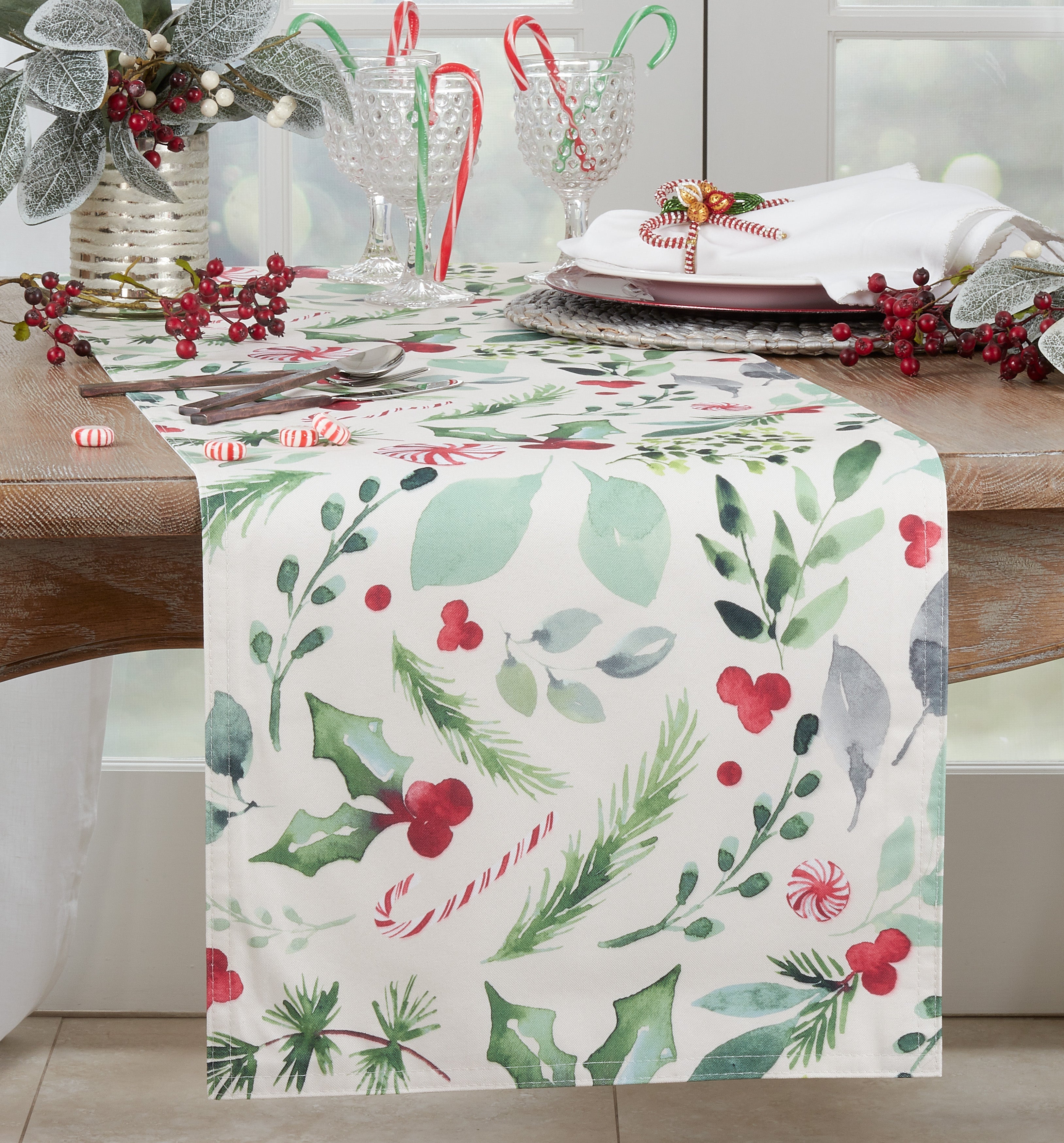 Christmas Foliage and Candy Canes Table Runner