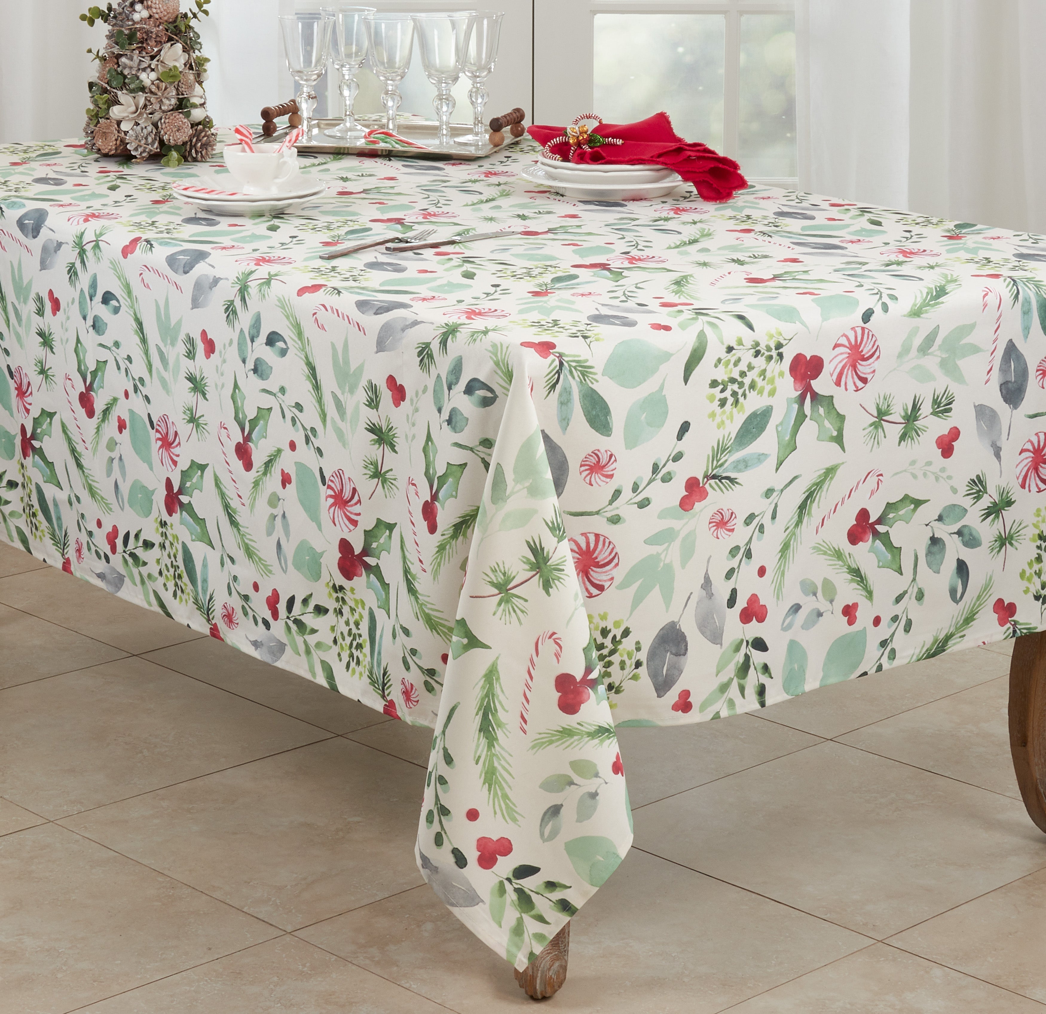 Christmas Foliage and Candy Canes Tablecloth