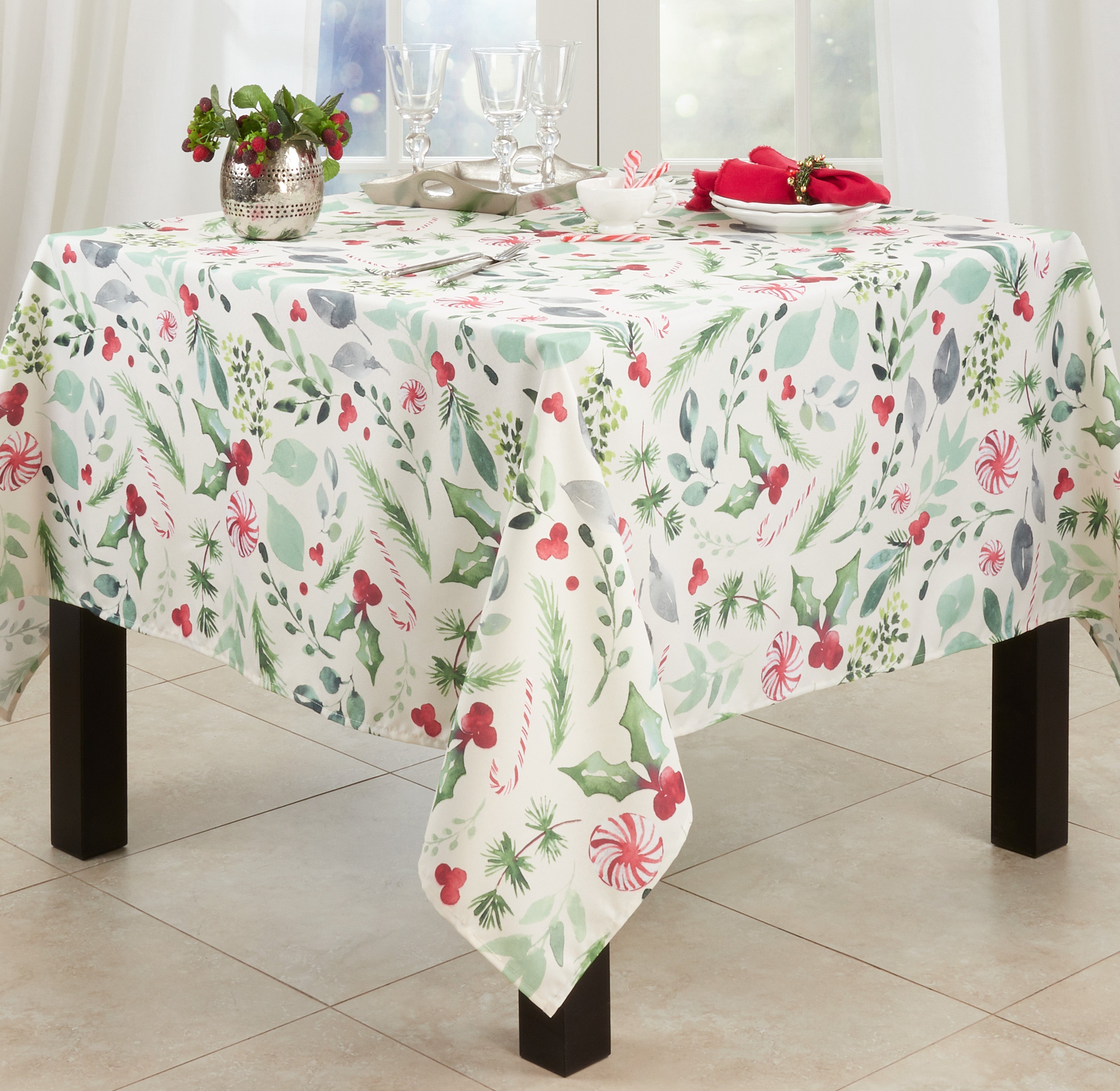 Christmas Foliage and Candy Canes Tablecloth