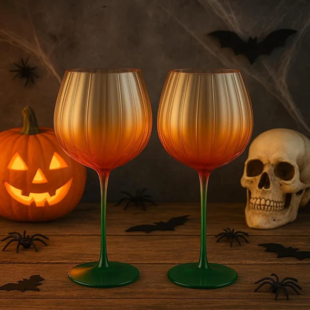 Pumpkin Wine Glasses Fall Inspired - Set of 2 Orange & Green