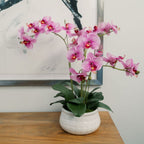 23 Faux Orchid Arrangement in Purple - Lifelike Phalaenopsis in White Ceramic Pot