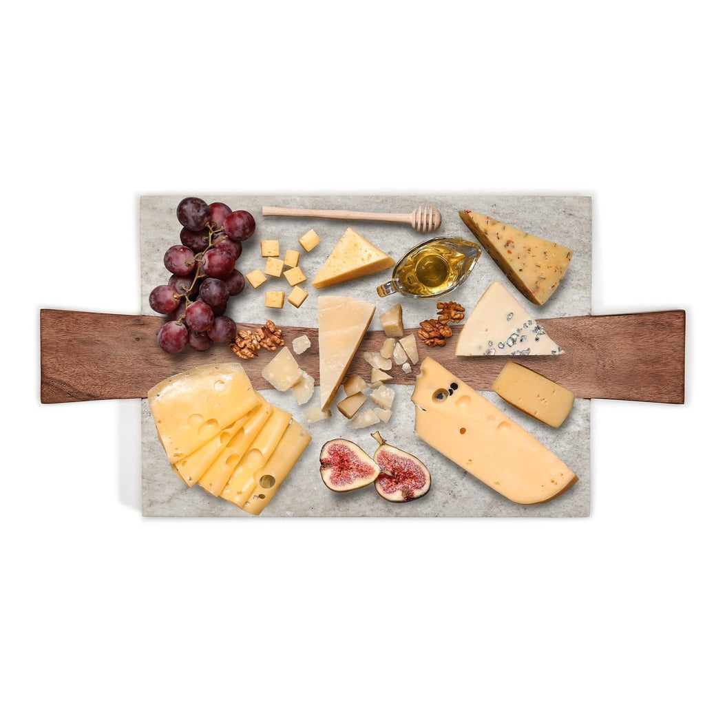 Perfectly Polished Marble Charcuterie / Tapas / Cheese Serving Board with Acacia Wood Accent