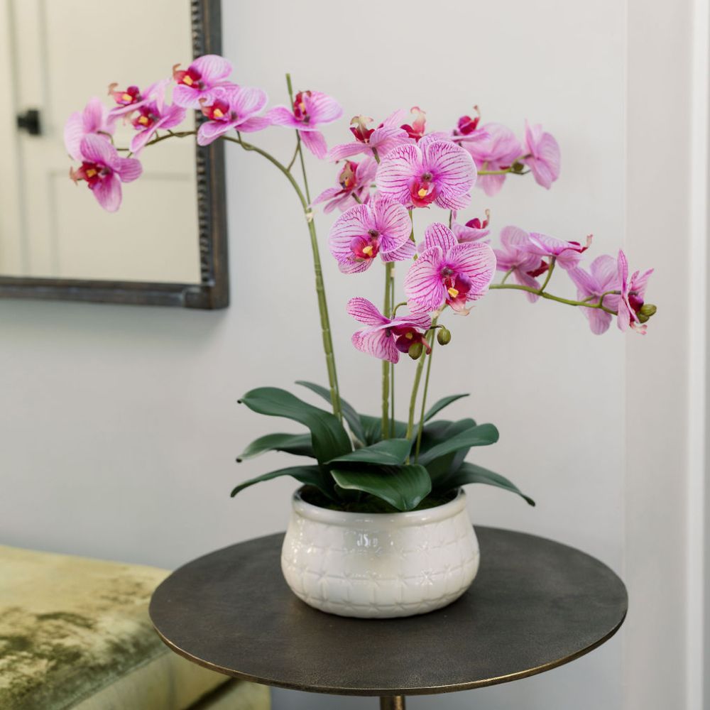23 Faux Orchid Arrangement in Purple - Lifelike Phalaenopsis in White Ceramic Pot