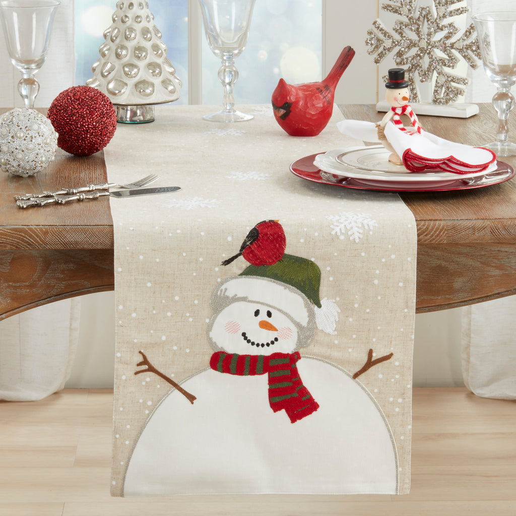 Linen Blend Snowman Table Runner