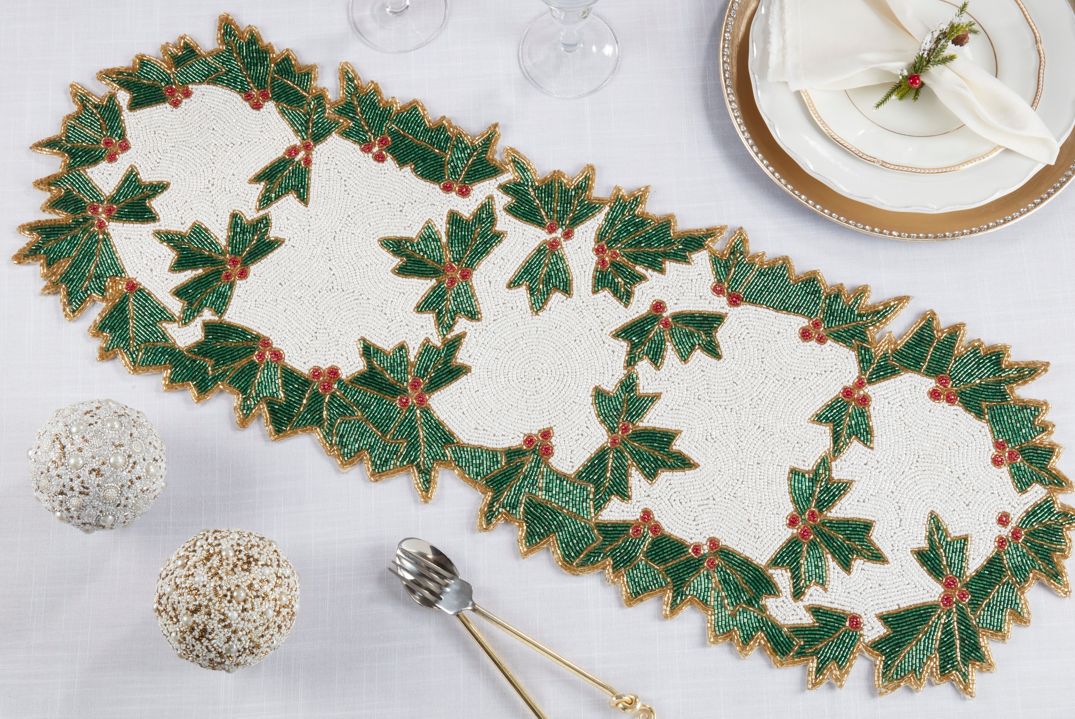 Beaded Holly Table Runner