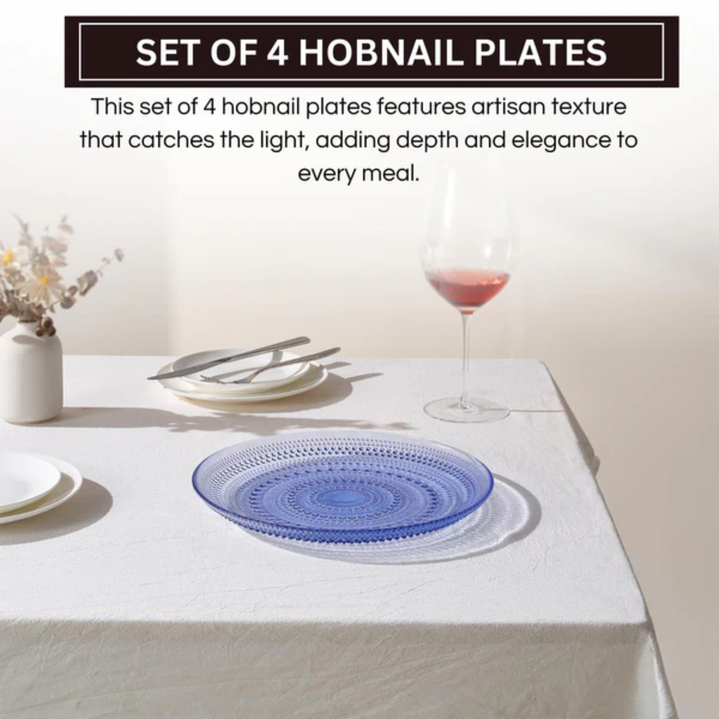 Glass Hobnail Dinner Plates Light Blue, Set of 4