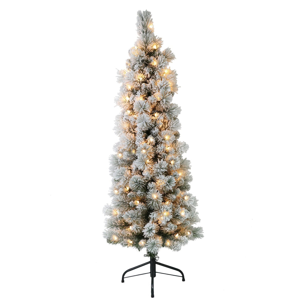 4.5 ft Pre-lit Flocked Portland Pine Pencil Artificial Christmas Tree with Clear Lights & Metal Stand