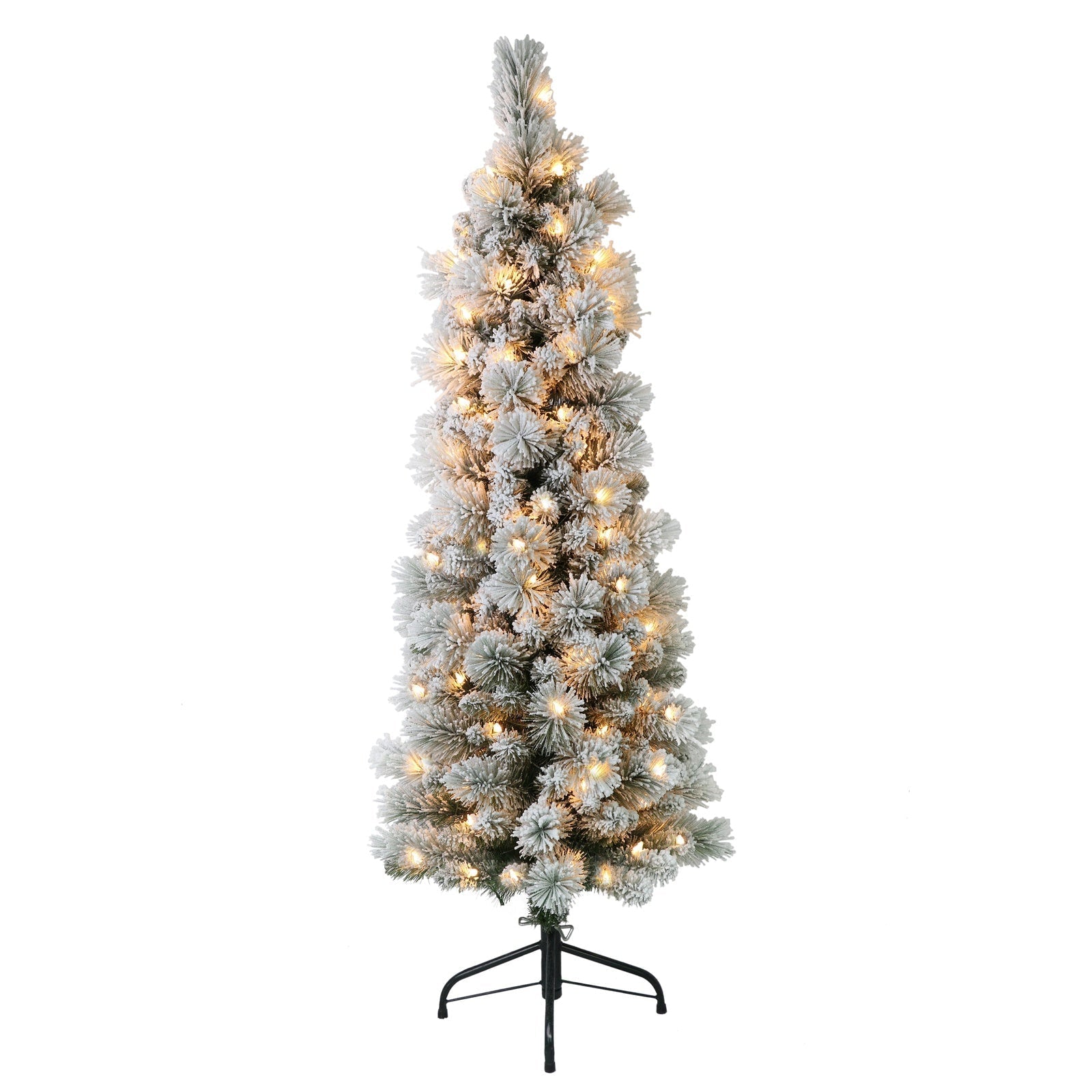 4.5 ft Pre-lit Flocked Portland Pine Pencil Artificial Christmas Tree with Clear Lights & Metal Stand