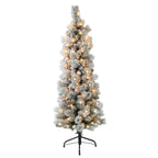4.5 ft Pre-lit Flocked Portland Pine Pencil Artificial Christmas Tree with Clear Lights & Metal Stand