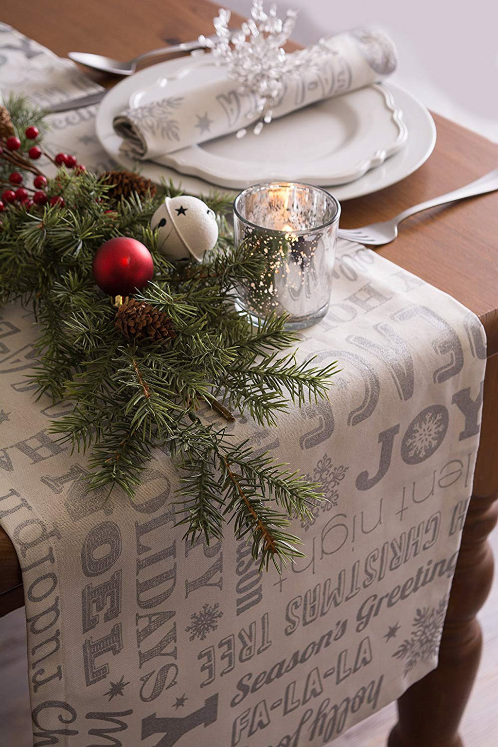 Silver Christmas Collage Table Runner