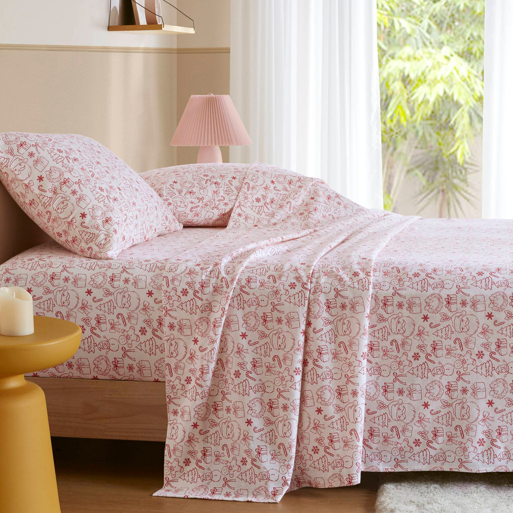 Holiday Doodles 100% Cotton Flannel Pigment Printed Sheet Set