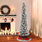 6.5 ft Pre-Lit Flocked Portland Pine Pencil Artificial Christmas Tree with 300 UL Clear Lights Metal Stand