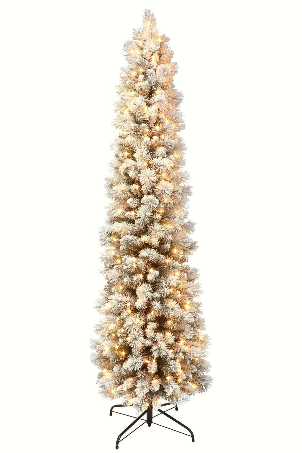 6.5 ft Pre-Lit Flocked Portland Pine Pencil Artificial Christmas Tree with 300 UL Clear Lights Metal Stand