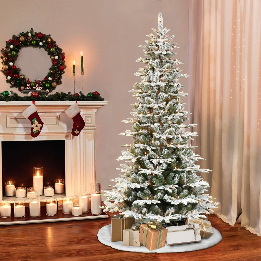6.5 ft Pre-lit Slim Flocked Aspen Fir Artificial Christmas Tree with Clear Lights & Metal Stand