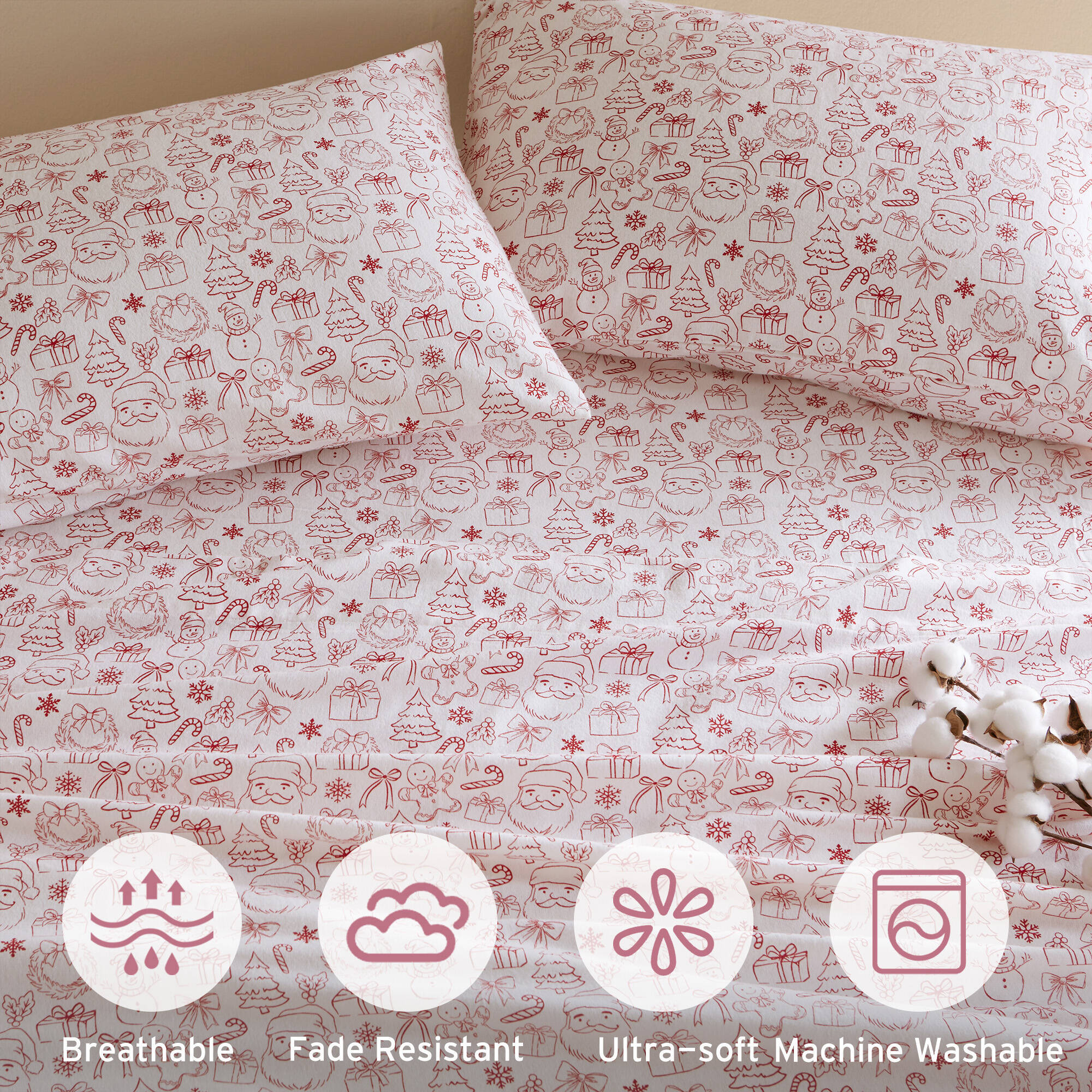 Holiday Doodles 100% Cotton Flannel Pigment Printed Sheet Set