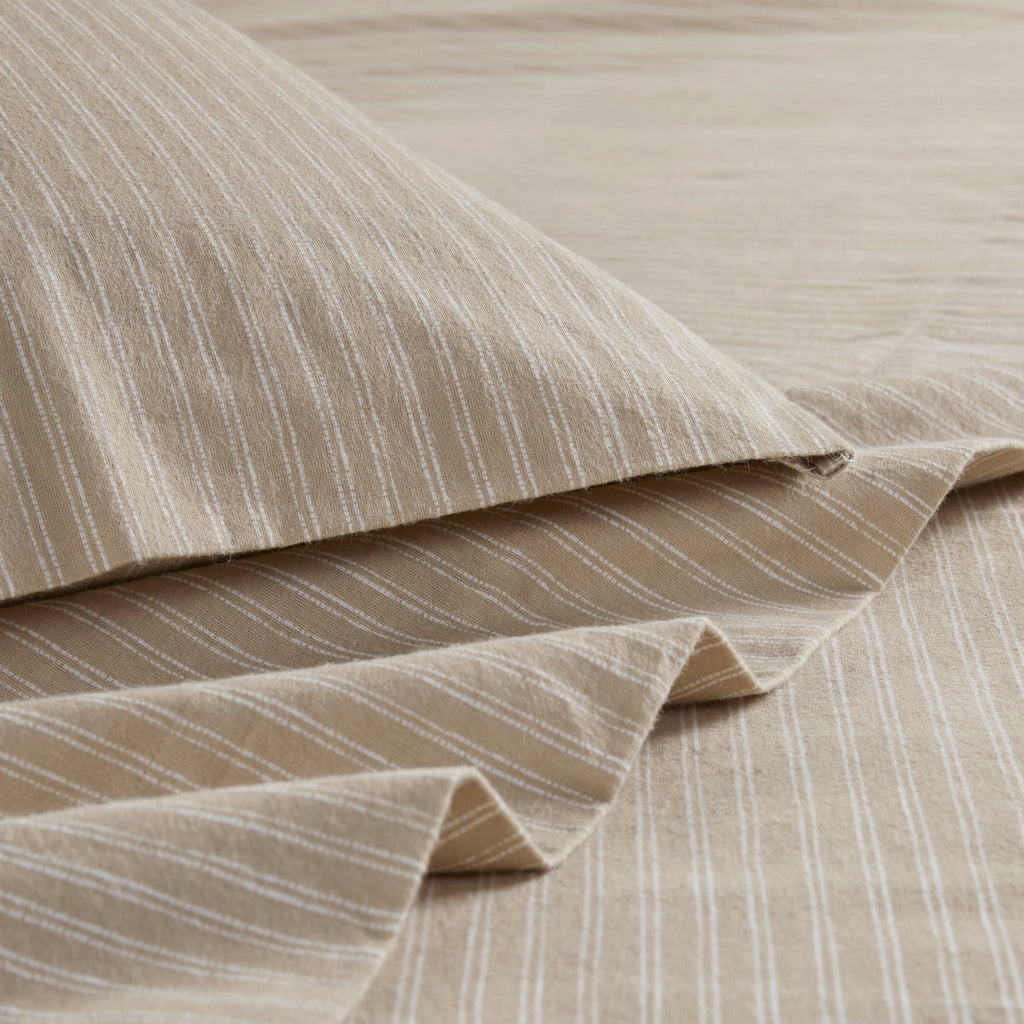 Beige & White Stripes 100% Cotton Flannel Printed Sheet Set