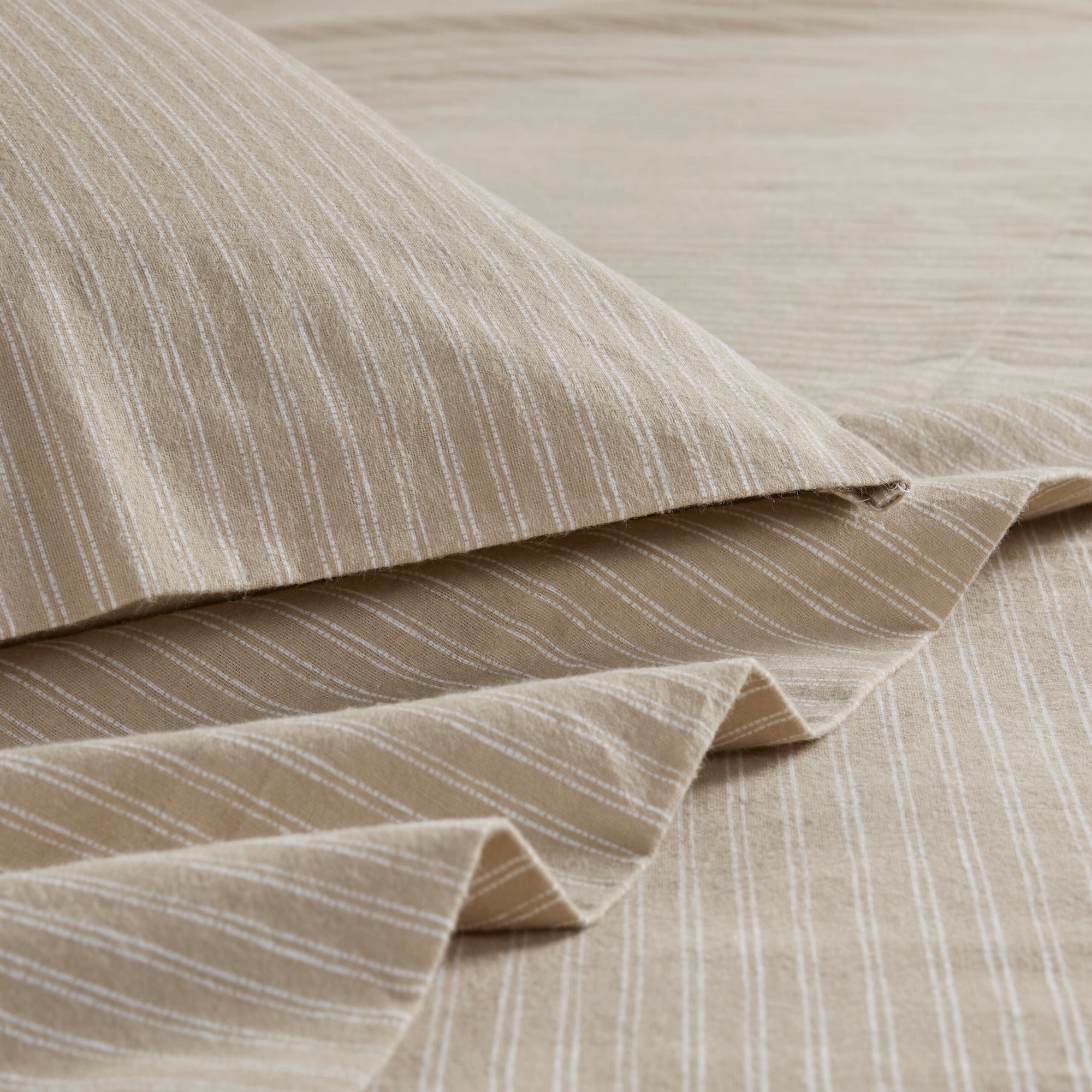 Beige & White Stripes 100% Cotton Flannel Printed Sheet Set