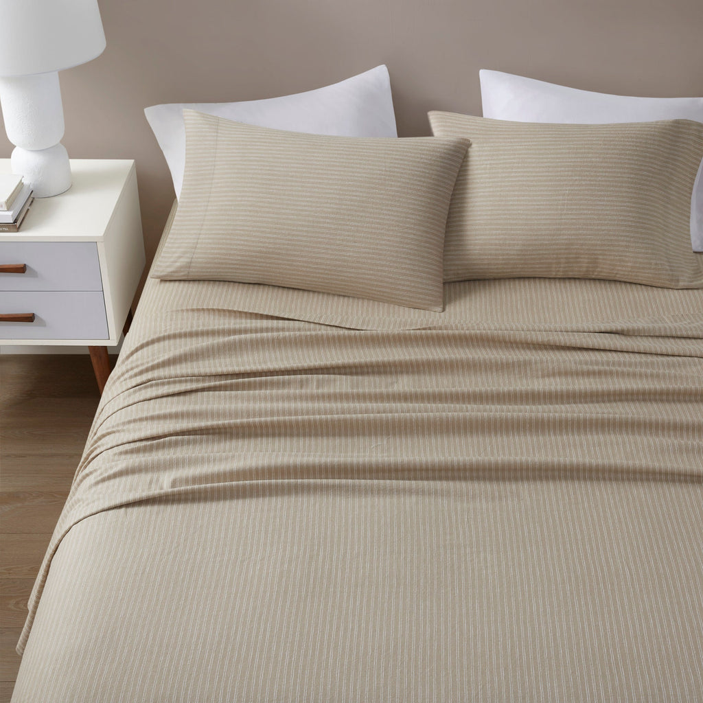 Beige & White Stripes 100% Cotton Flannel Printed Sheet Set