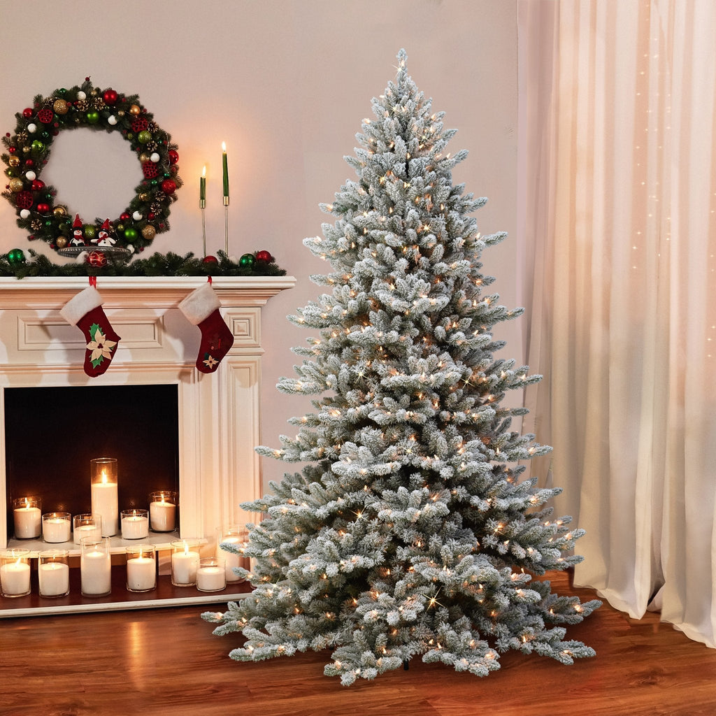 7.5 ft Pre-lit Flocked Royal Majestic Fraser Fir Artificial Christmas Tree with 600 UL Clear Lights Sure-Lit Pole® Metal Stand