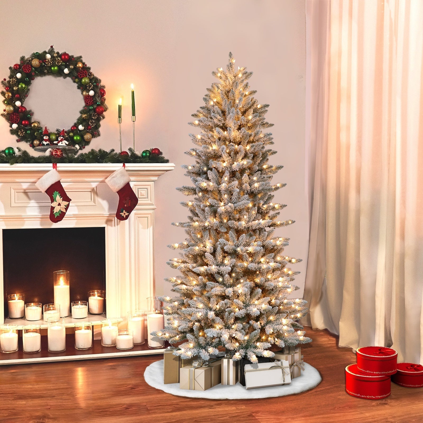 7.5 ft Pre-lit Flocked Slim Fraser Fir Artificial Christmas Tree with Clear Lights & Metal Stand