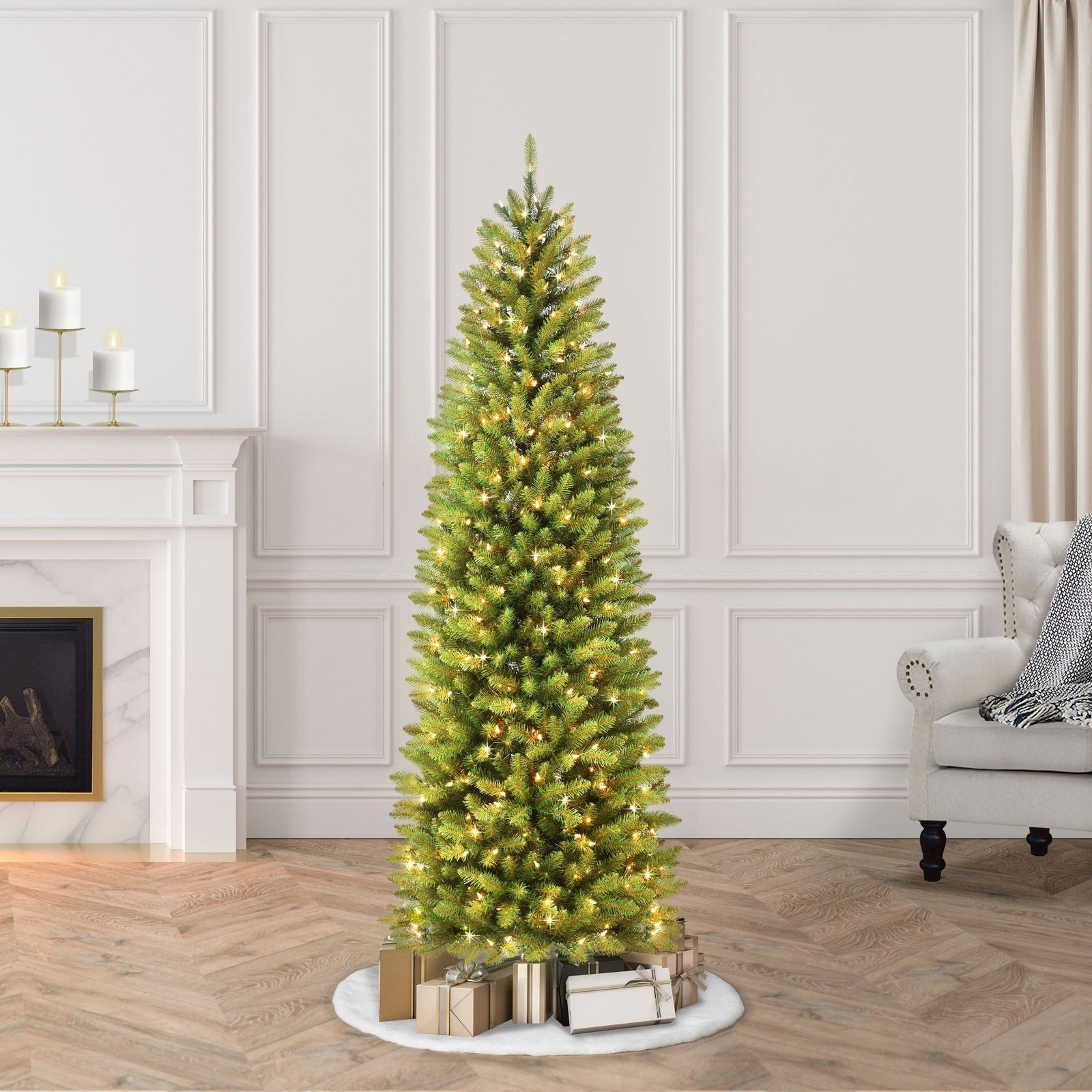 7.5 ft Pre-lit Fraser Fir Pencil Tree Artificial Christmas Tree with Clear Lights & Metal Stand