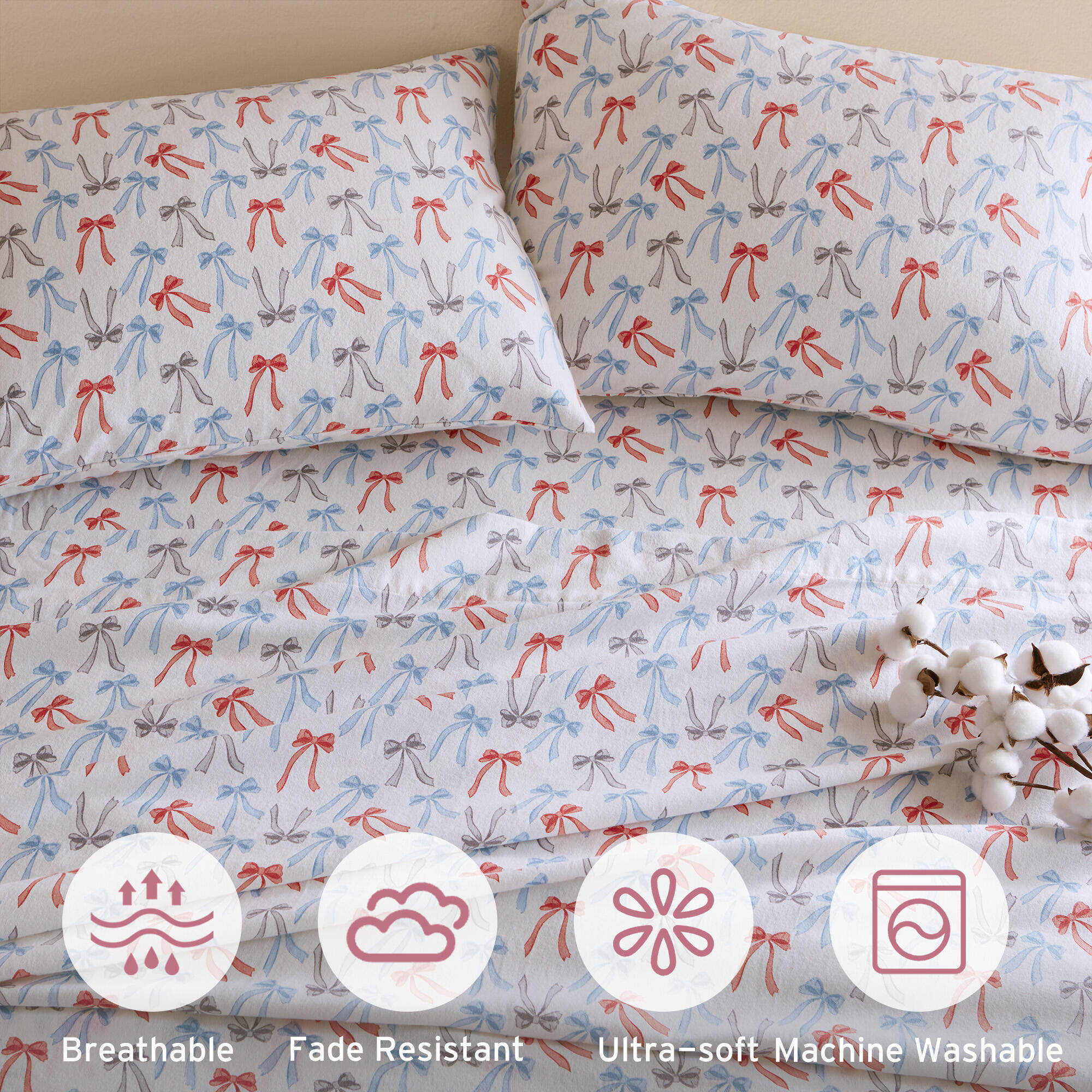 Happy Bows 100% Cotton Flannel Pigment Printed Sheet Set