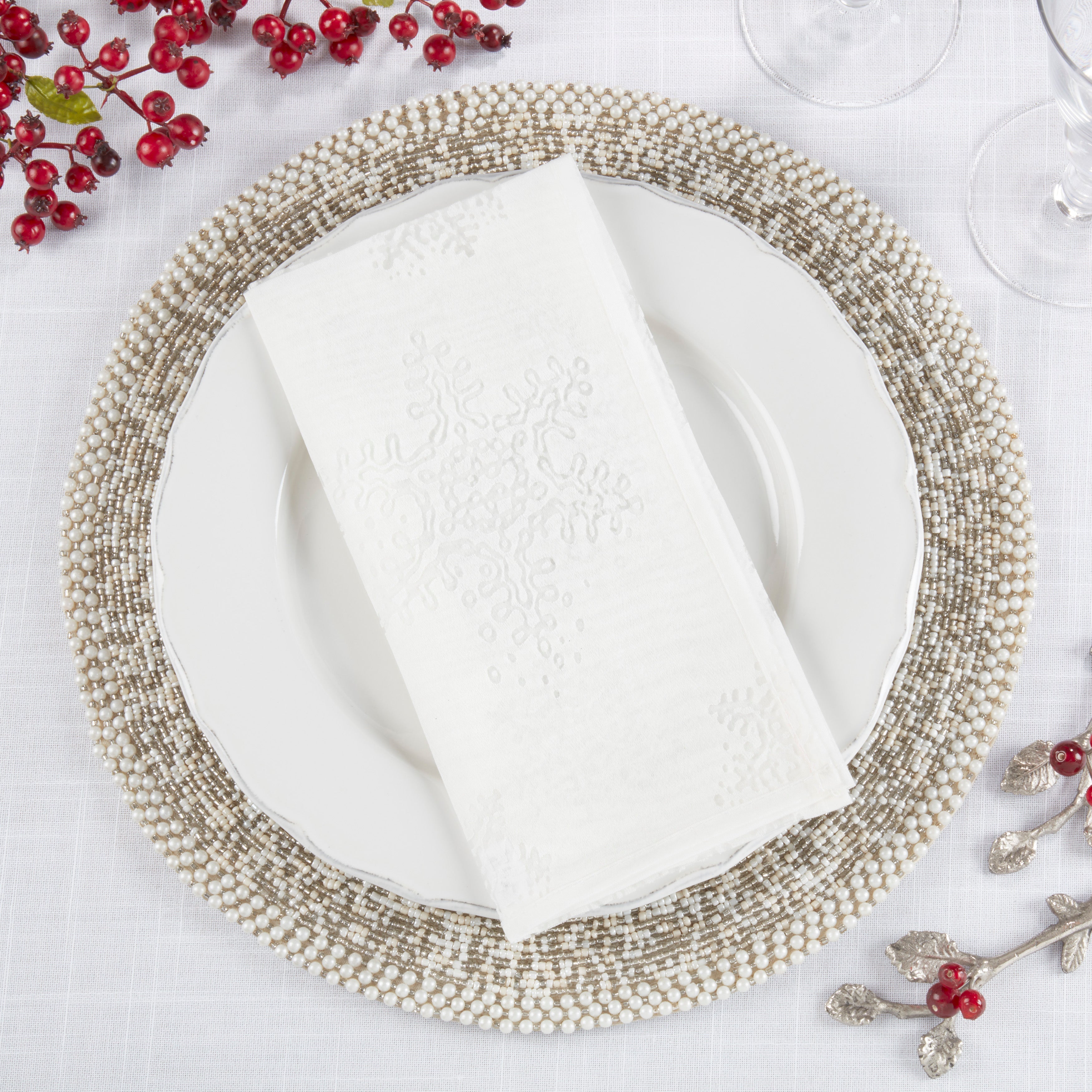 Cloth Table Napkin With Burnout Snowflake Design, Set of 4