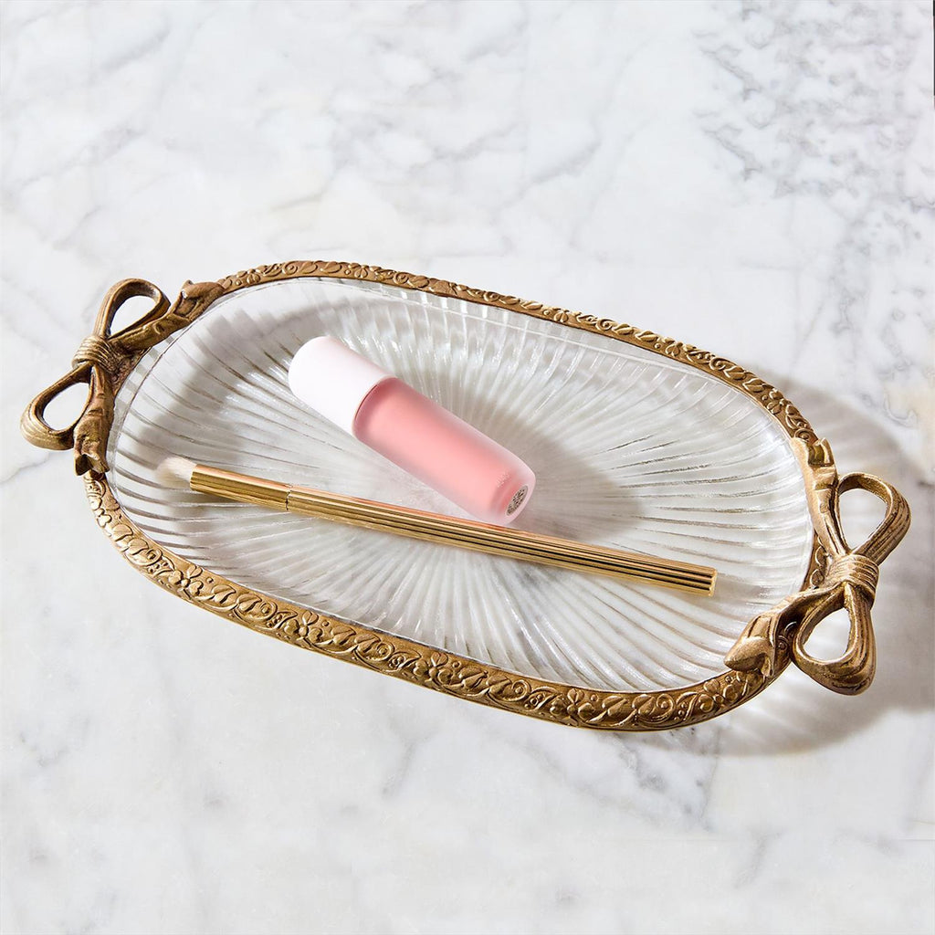 Antique Gold Finish Glass Vanity Table / Desk Tray w/ Bow Accent