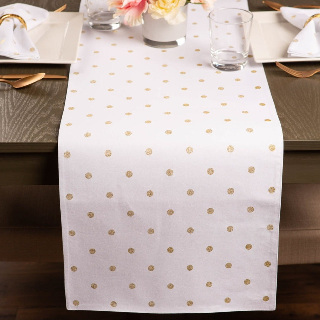 Metallic White & Gold Reversible Polka Dot Table Runner