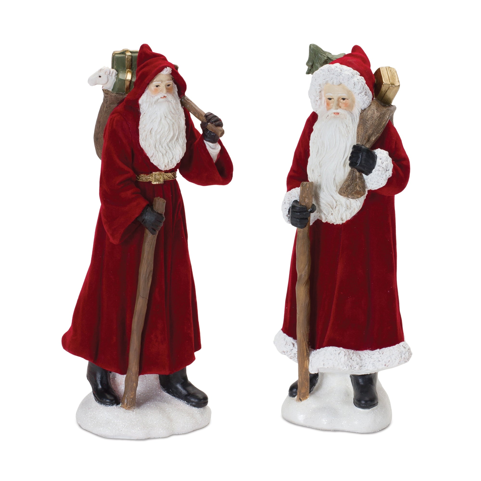 Flocked Santa Figurine with Hood and Staff, Set of 2