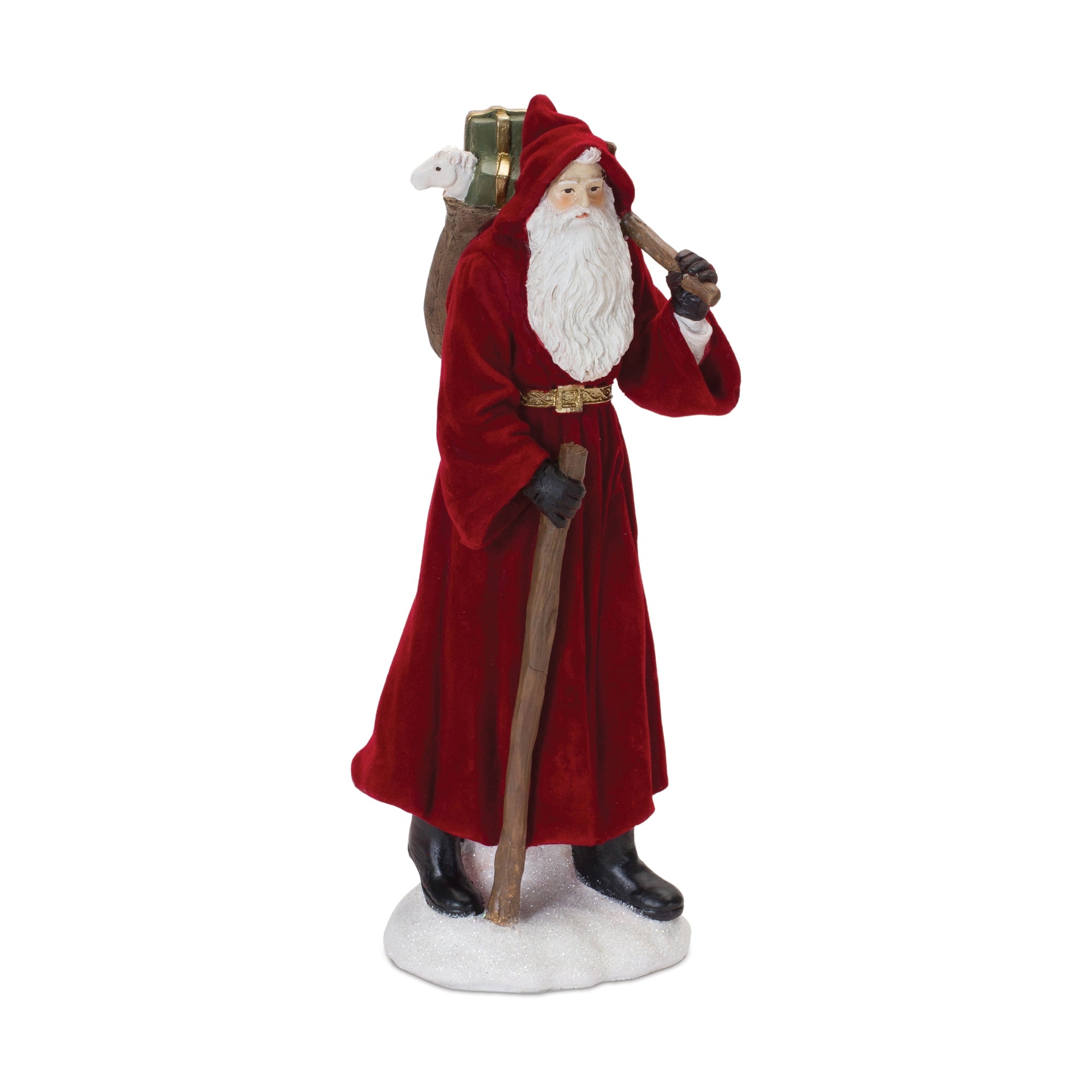 Flocked Santa Figurine with Hood and Staff, Set of 2