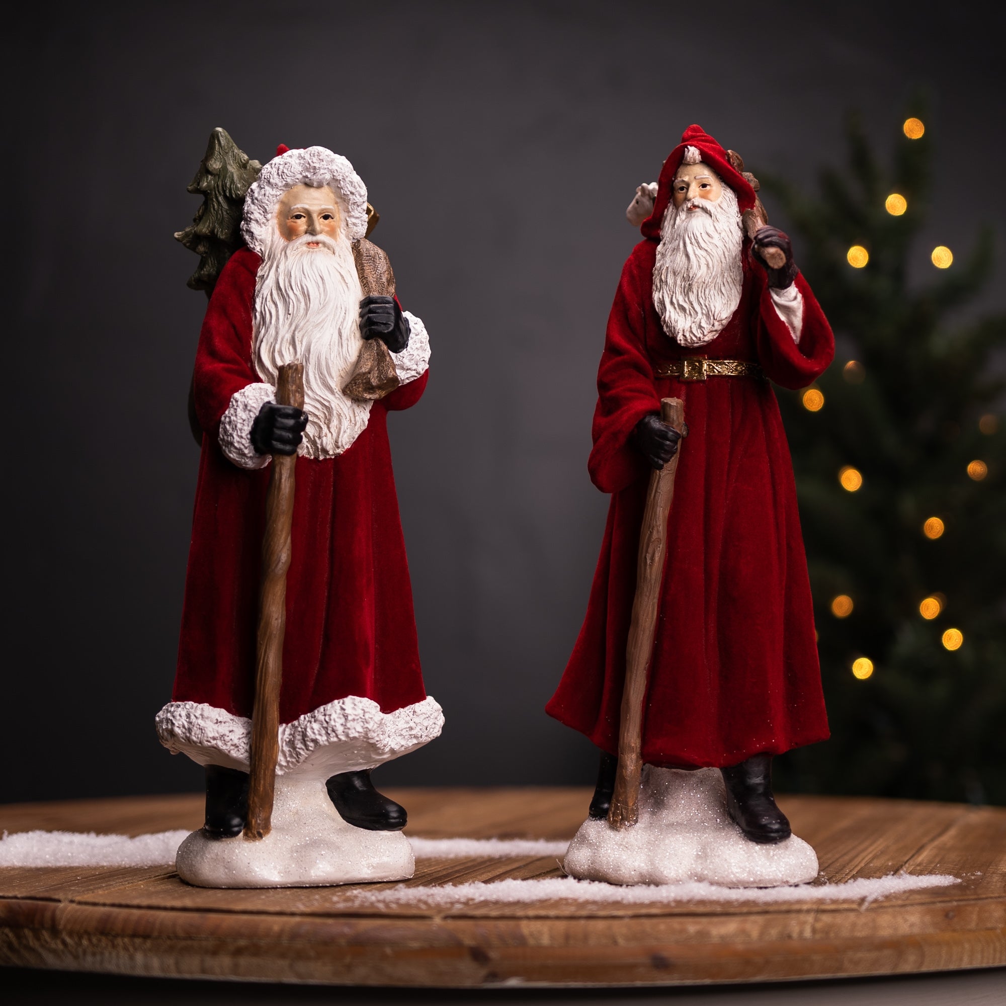 Flocked Santa Figurine with Hood and Staff, Set of 2